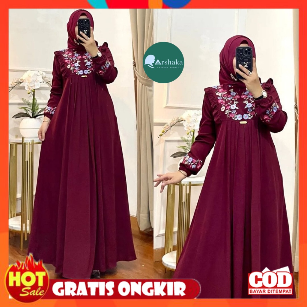 KAIN ADEM HALUS TEBAL / Gamis Crinkle Airflow Premium Polos Terbaru 2023 Motif Bunga Bordir Manual