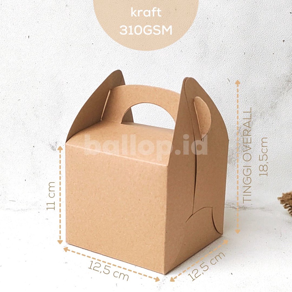 KRAFT 12 12 11 CM GABLE BOX Kotak Hamper Handle Snack Gift Hadiah Souvenir Dessert Dus Roti Cake Slice