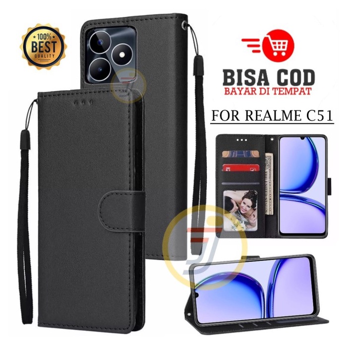 Original Leather Flip Case Realme C51 Wallet Case KulitFlip Cover/Dompet Hp Slip Card Softcase Ori