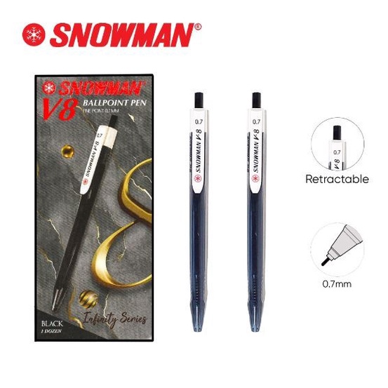 

12pc Pen Snowman V8 Infinity Series / Ballpoint Retractable 0.7mm - Hitam