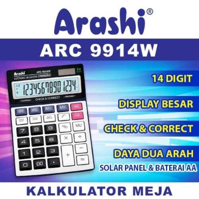 

Kalkulator Besar Jumbo Calculator Arashi ARC9914W 9914 9914W 14 Digit Solar Panel Dan Baterai