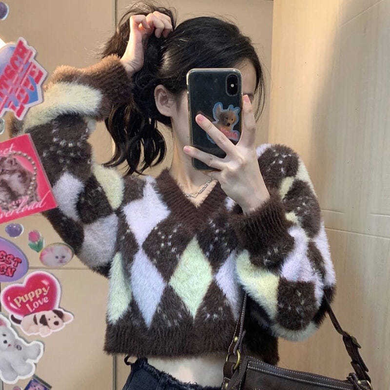 Gaya Amerika Atasan Belah Ketupat V-neck Sweater Pendek Wanita Gaya Korea Atasan Sweater Rajutan War