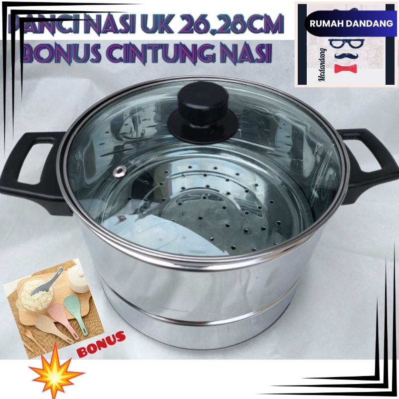 PROMO Dandang nasi tutup kaca 26,28cm bonus cintung nasi