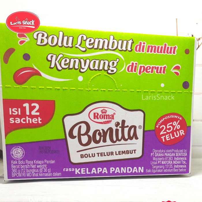 

[PROMO] Roma Bonita Bolu Telur Lembut 40 gr (1 Box isi 12 Pcs) Kelapa Pandan