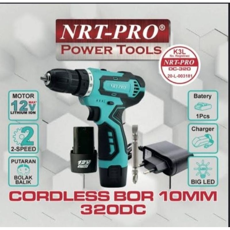 NRT PRO DC 320 MESIN BOR CORDLES DRILL BATERAI 12V 10MM BOR CAS