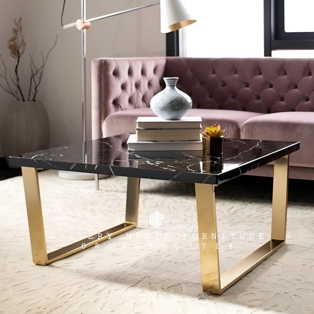 meja tamu stainless top marmer hitam, meja tamu marmer Berkualitas 90x60 cm