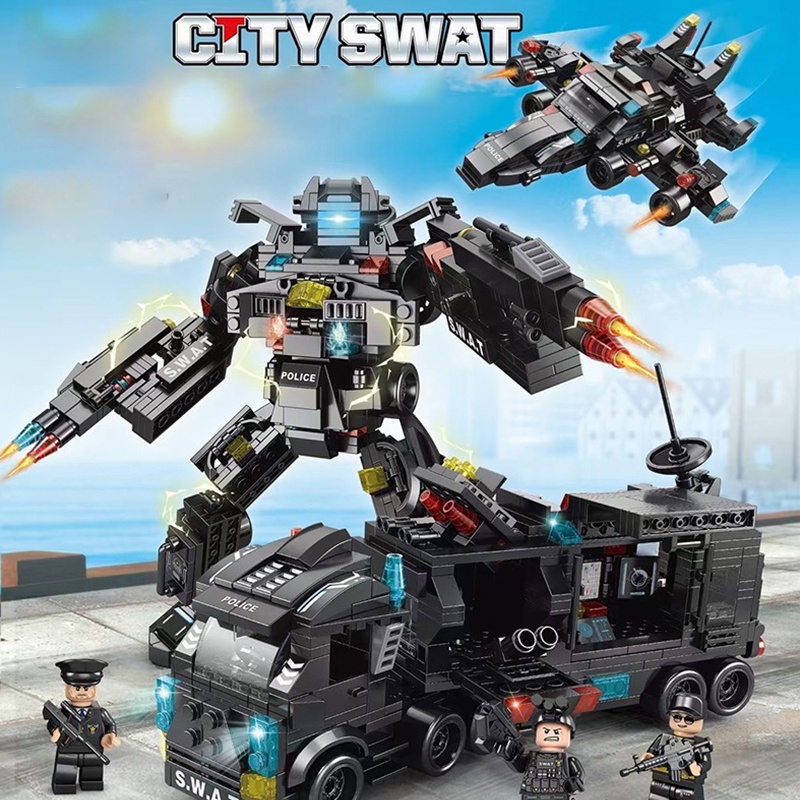 Mainan Balok Bangunan Set Polisi Militer 1000pcs - Kapal Perang, Helikopter, Robot Transformer, Coco