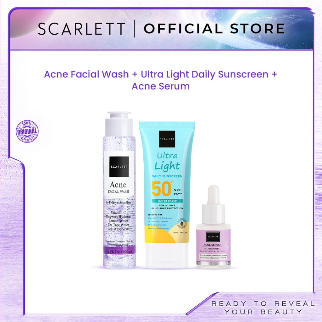 Scarlett Skincate Set Kecantikan Whitening Acne Facial Wash + Acneserum + Ultra Light Daily Sunscree