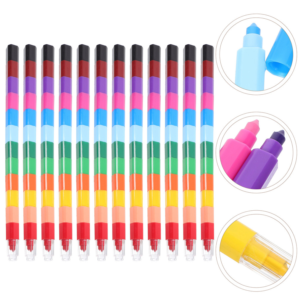 

24 Pcs Mini Toddler Pencils Pens for Wax Crayon Stacking Stackable Crayons Block 12 Colors