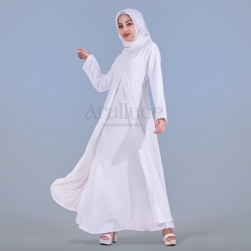 RHM Dress Gamis Putih Wanita Muslim Kekinian Terbaru BY ARALLUCE ARL 126 / Abaya Warna Putih Turkey 