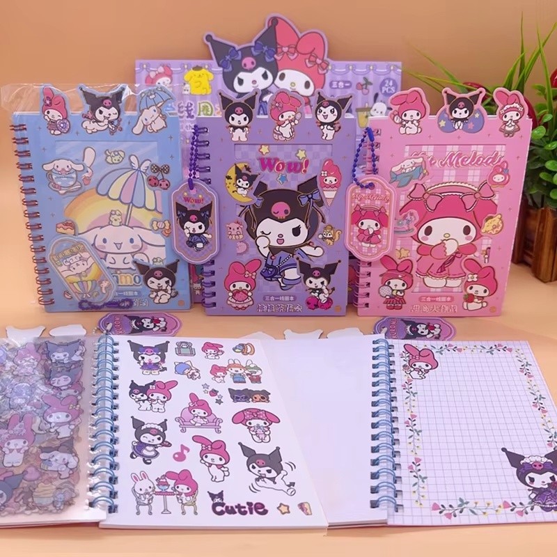

24pcs Sanrio Stickers Notebook Coil Book Kuromi Melody Cinnamoroll Student Kids Handbook Material Sticker Notepad Stationery
