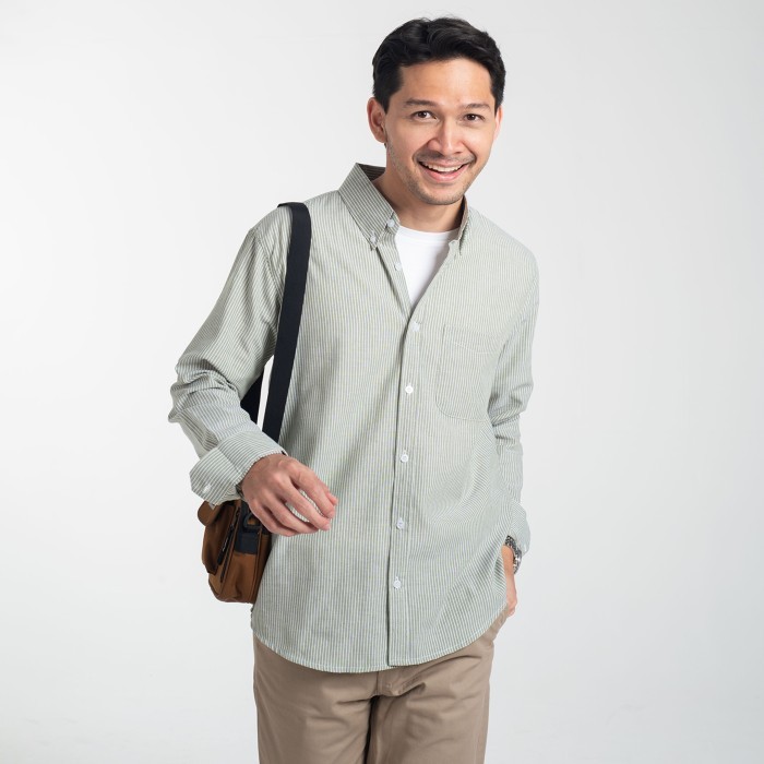 Kemeja Garis Pria WOODCUTTER Basic Luxton Stripes - Sage Green Hijau Lengan Panjang - Luxton Sage Gr