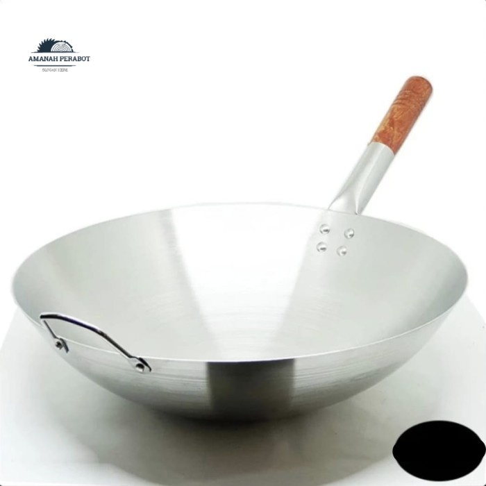 Kuali Stenlis Gagang Kayu 40cm | Wajan Stainless Steel