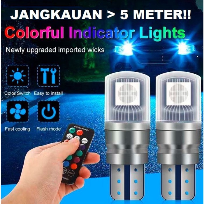 Lampu LED T10 RGB KACA w5w remote senja mobil motor jarak 5 Meter 7 warna