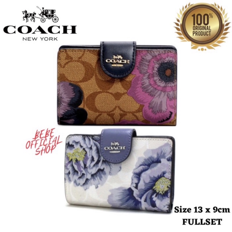 (COD) [ORIGINAL] COACH Medium Corner Zip Wallet In Signature With Flower Coach Wallet