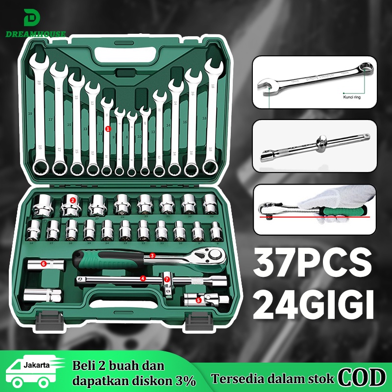 37pcs Kunci Pas Set 8-19mm 1/2 kunci Mata Sok lengkap  Kombinasi 1/2 24gigi Gagang ratchet Alat Perbaikan Mobil Toolbox/Kunci Set 37pcs Set kunci perbaikan mobil Tool kit Set alat Kunci Sok set