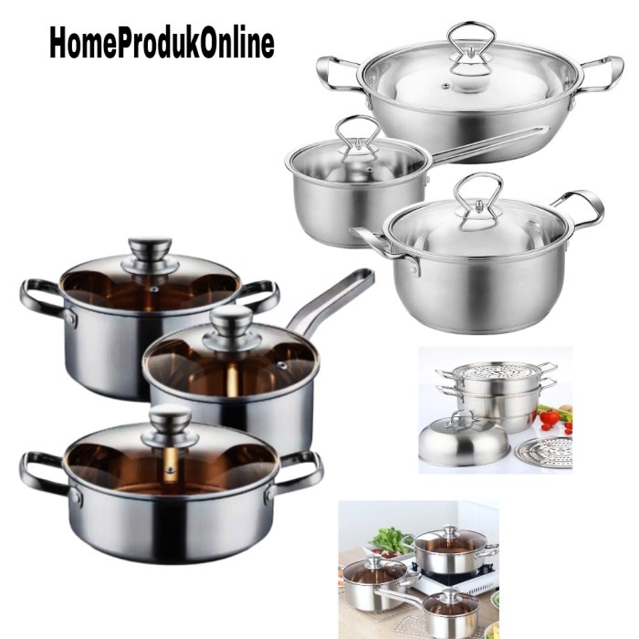 Set Panci Masak Stainless Steel Satu Set Isi Tiga