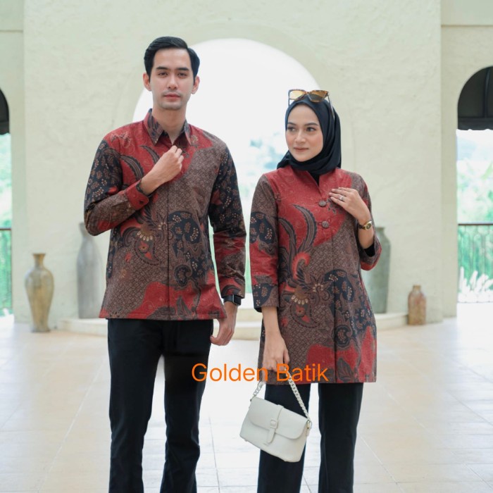 BATIK COUPLE 017 I Kemeja Pria Lengan Panjang dan Atasan Wanita Blouse - Maroon Pria, S