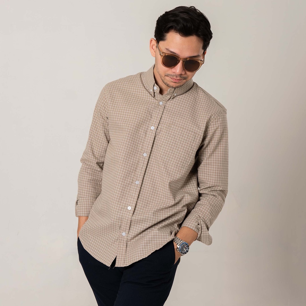 Kemeja Kotak Garis Pria WOODCUTTER Plaid Basic Shirt - Cream Lengan Panjang