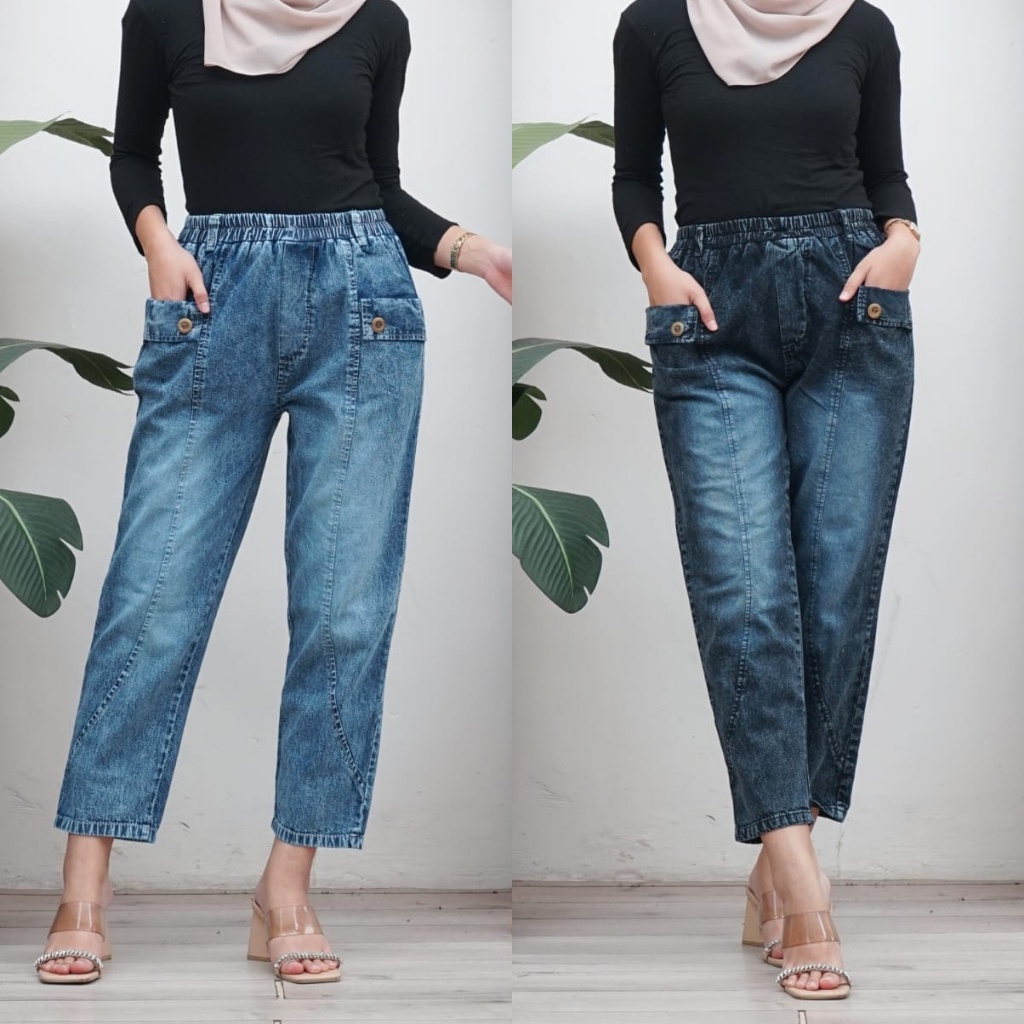 JeJe Celana Boyfriend Jeans Spary - Elastics Waist Loop belt Highwaist - Harem Denim Korean Style
