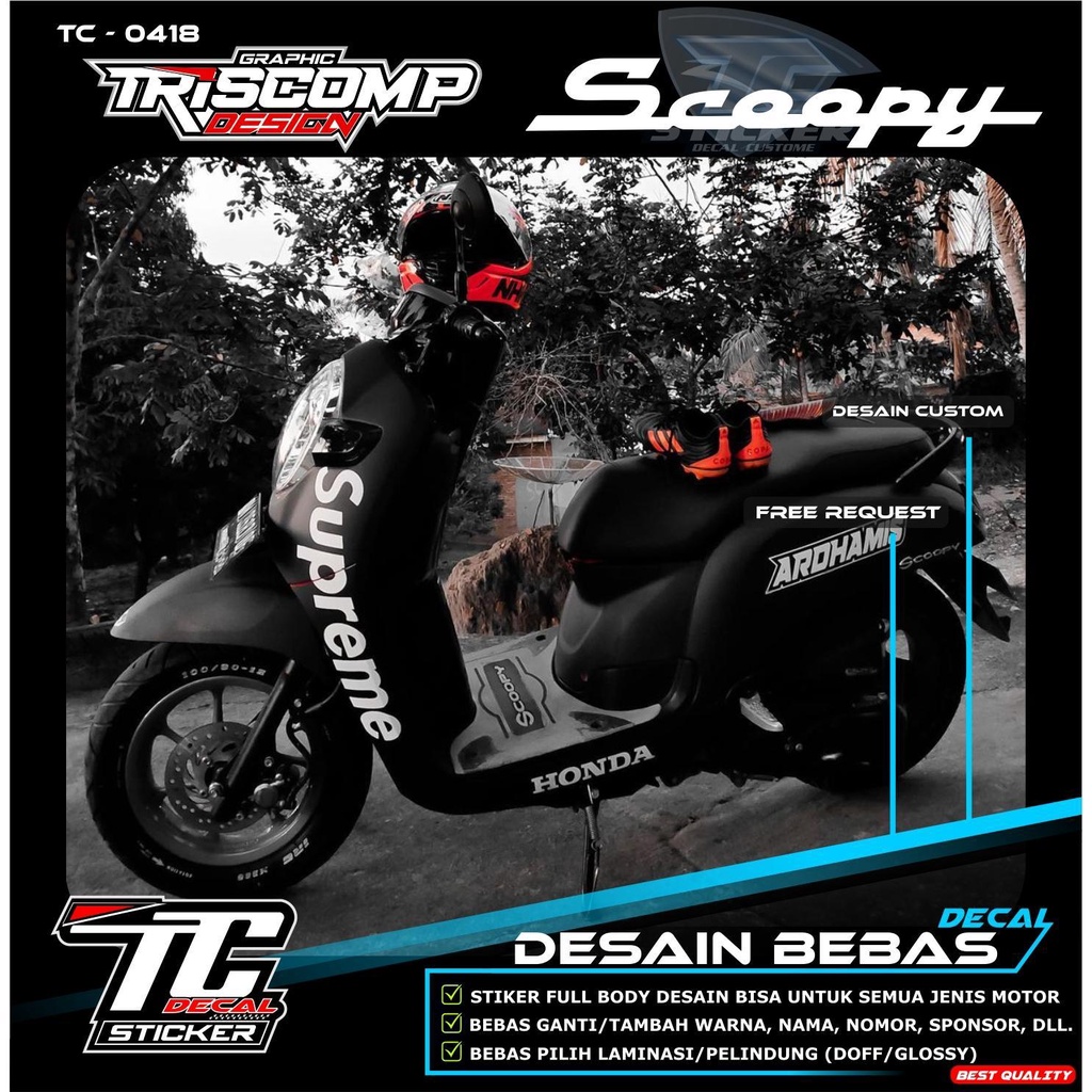 Sticker Decal Scoopy striping Scoopy New Stiker Dekal Scoopy Lama  Fullbody hitam doff motif Supreme