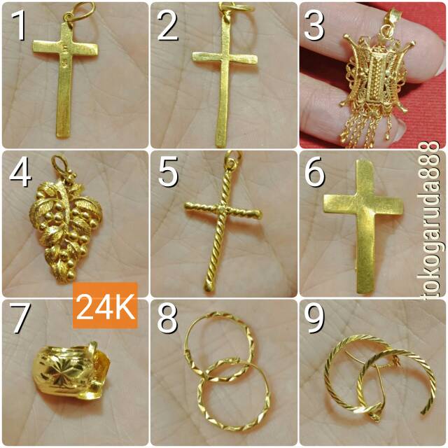 24K Mainan Liontin Bros Anting anak dan dewasa emas asli 0,5 0.5 setengah 1 satu g gr gram Salib Pin