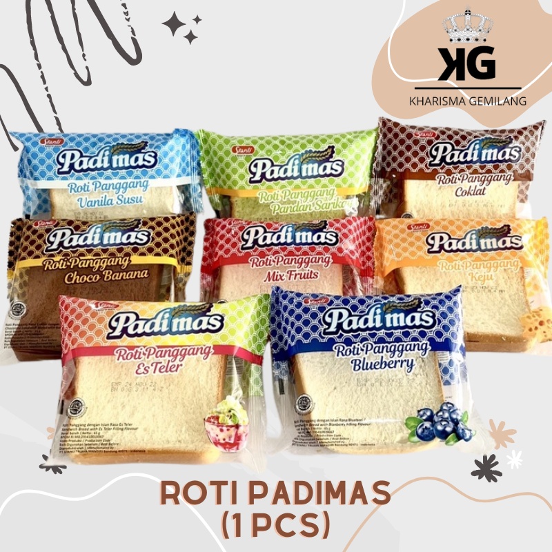 

PADIMAS - ROTI PANGGANG PADIMAS 65g (1 PCS) Roti Manis Coklat Vanilla Pisang Pandan Keju Mix Fruit Blueberry Es Teler