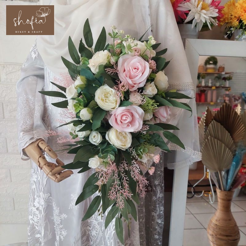 Wedding bouquet cascade buket bunga pengantin juntai premium - Romantic pink - 1 HARI JADI ( SOFIAH 