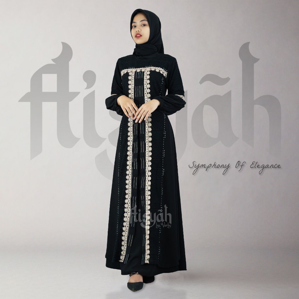 WR45B AISYAH054 • Gamis hitam wanita dewasa bahan brukat malika mewah ukuran M L XL XXL LD 120 jumbo - Dress tile brokat perempuan remaja muslim kekinian Terbaru simple dan elegan