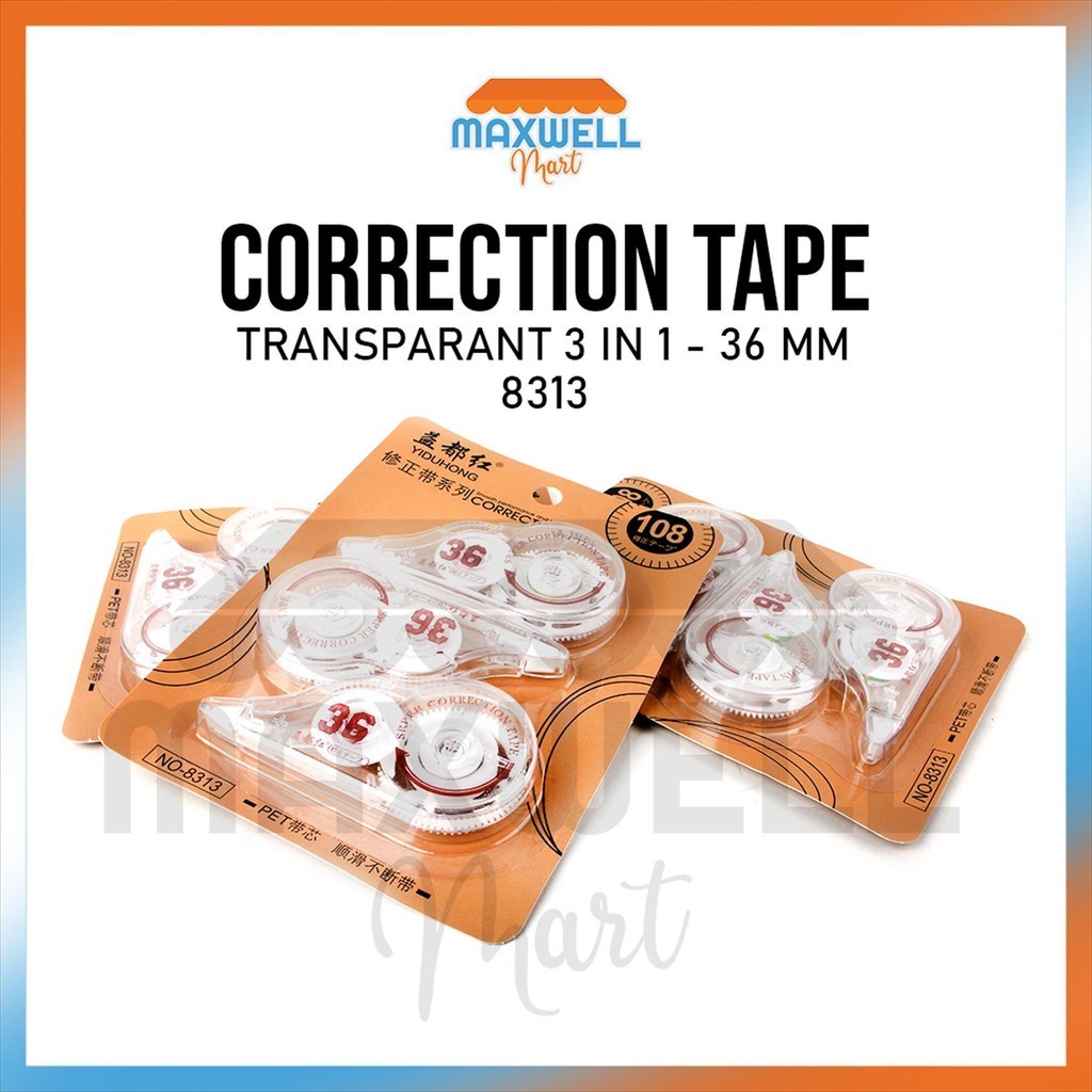 

[MaxMart] 1set isi 3buah Correction Tape 8313 Transparan / 1pack Correction Tape Office