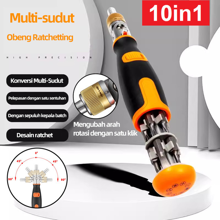 AC00 Obeng Bit Rachet Dua Arah 10 In 1 Multi Bit 1/4 inch Attachment Magnetik sudut 90 derajat Perka