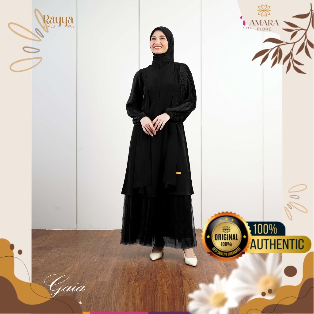 Tunic Hitam Polos Premium Wanita Kekinian Lebaran Terbaru 2025 Sarimbit Nibras Gaia Original