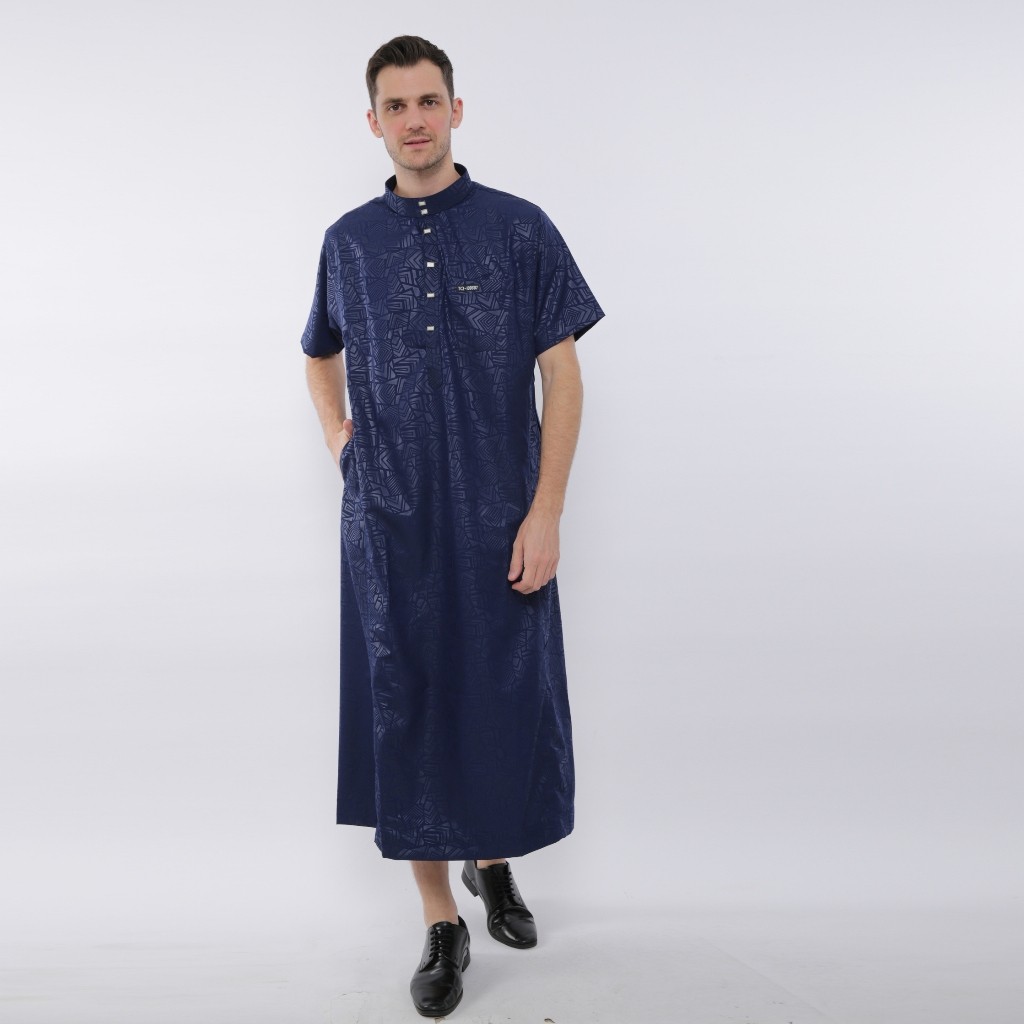 Jubah Pria Embos Lengan Pendek Nabawi Gamis Muslim Dewasa Jubah Saudi Kancing Snap Import Kerah Koko