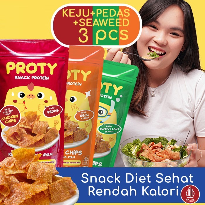 

READY STOCK!!! Protein Snack Cemilan Diet Rendah Kalori PROTY Pedas(1 pcs)+Keju(1 pcs)+Seaweed(1 pcs) Keto Friendly