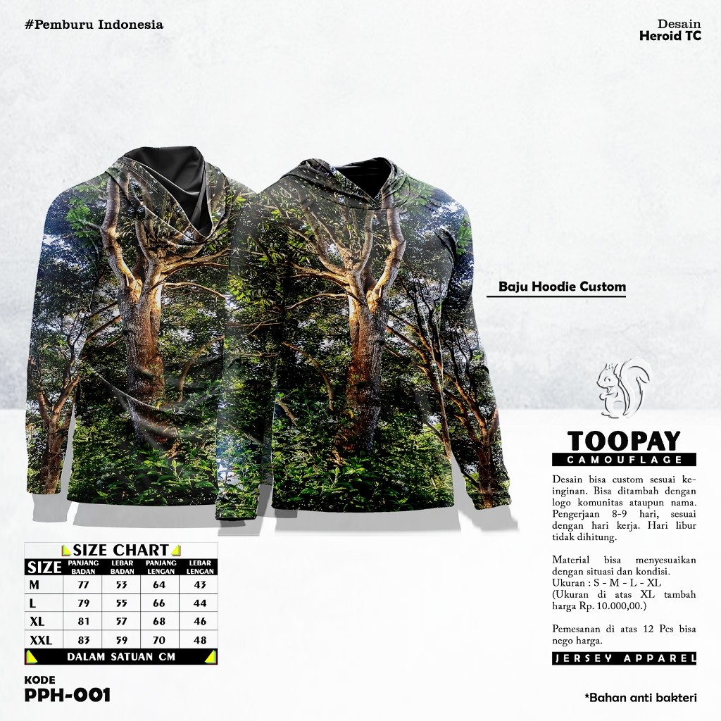 Baju Hoodie Kamuflase Hunting Camo & Kaos Berburu Lengan Panjang Camo untuk Pria Motif Pepohonan