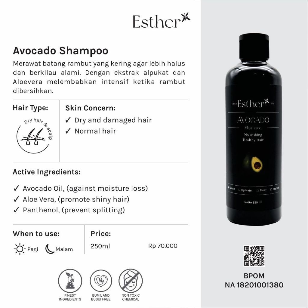 Esther Avocado Shampoo 250ml - Shampoo Rambut Kering Shampoo Rambut Rusak BPOM