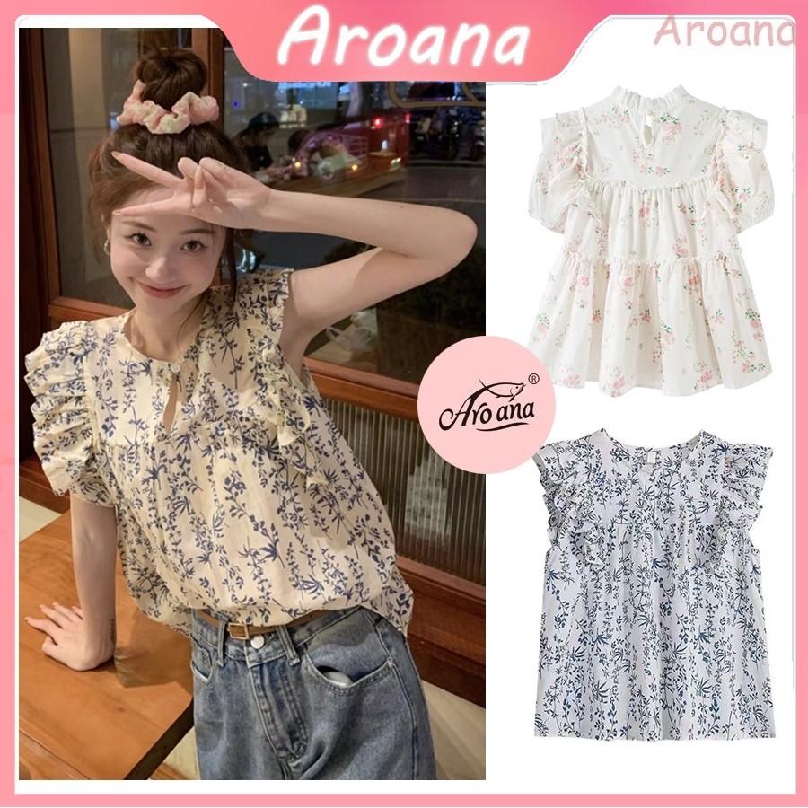 Atasan Putih Motif Bunga Biru Korea Style