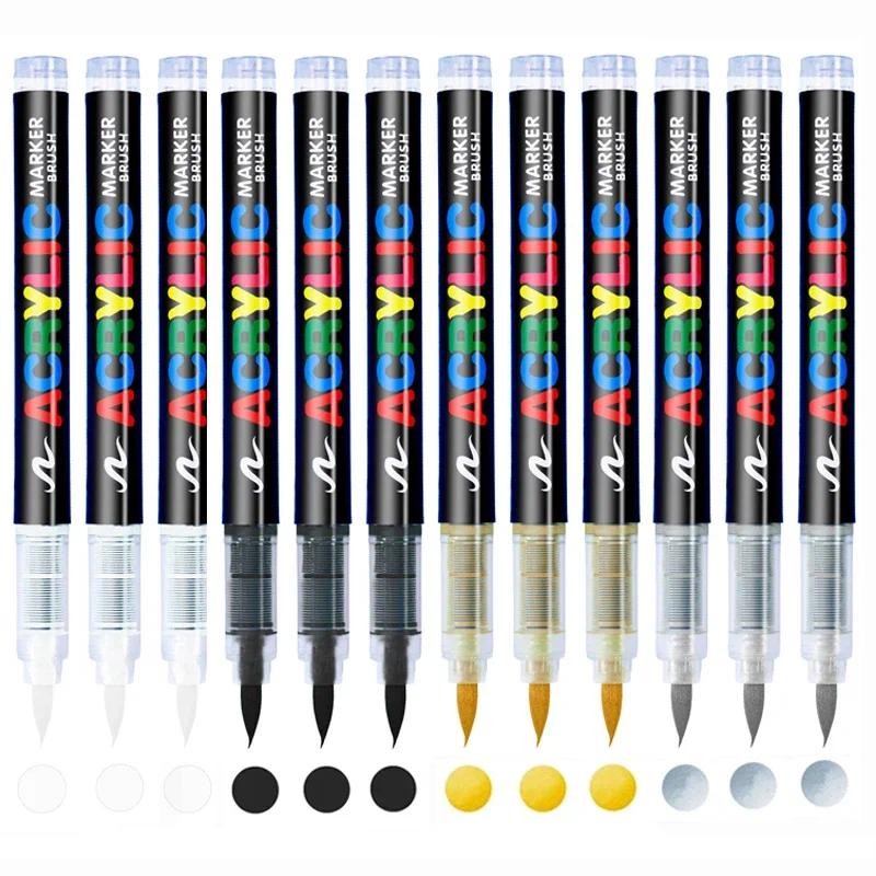 

3Pcs Acrylic White Marker Brush Pens Black Paint Art Markers for Rock Painting Stone Ceramic Glass Wood Tire Fabric Metal Canvas