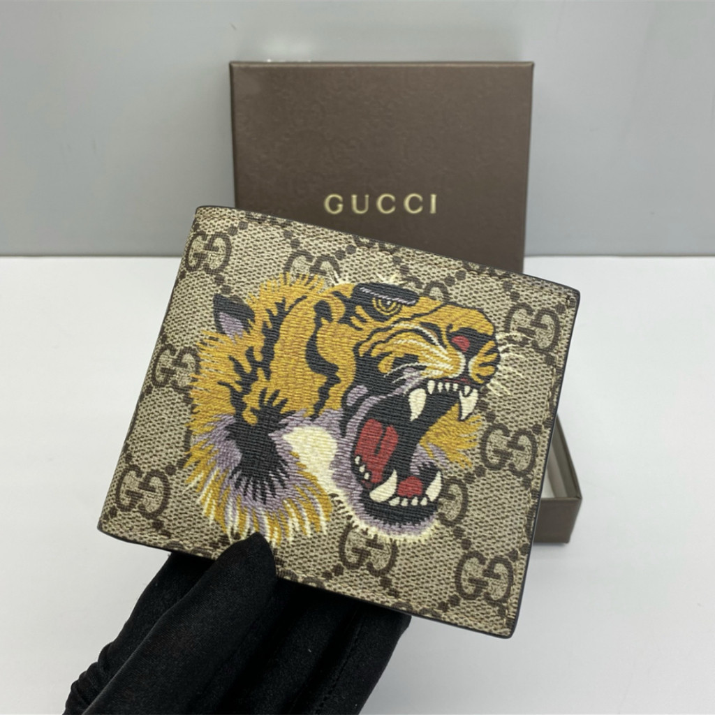 【bekas asli】（451268）Dompet kanvas GUCCI GG Supreme/dompet lipat setengah motif kepala harimau/dompet