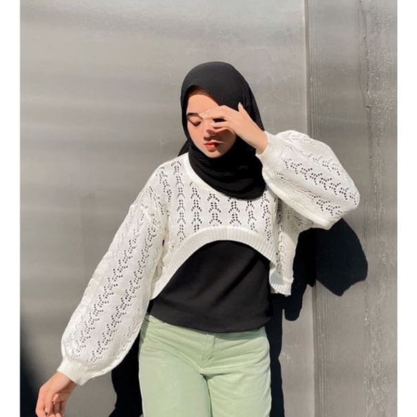 Outer Rajut Yuri Lengan Balon Crop Top Knitwear Oversize Kekinian / Atasan Rajut