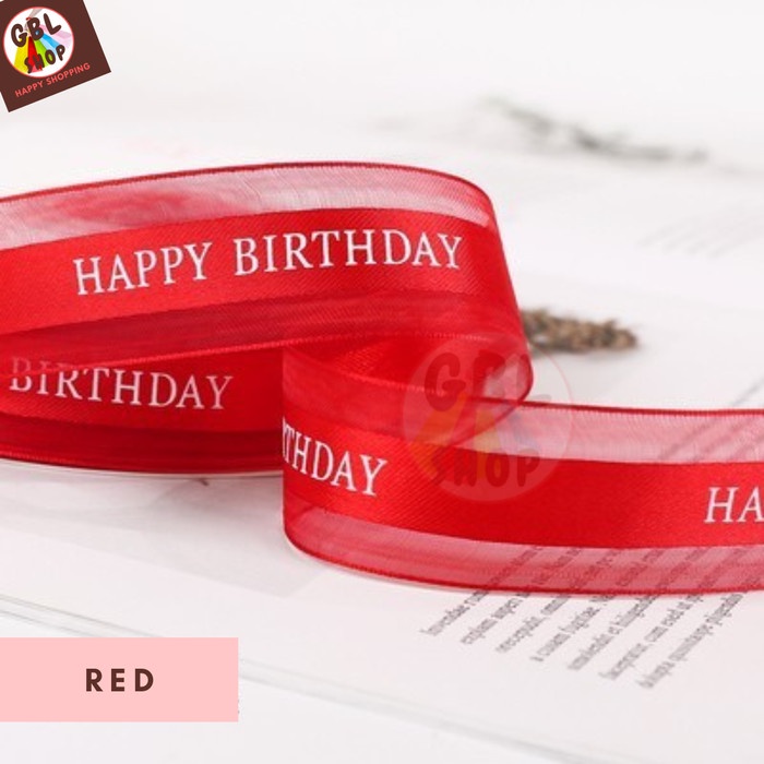 

Pita Kado Pita Satin Tulisan lebar 2,5 cm Pita Hampers Puket 50 Yard - Merah Birthday ORI