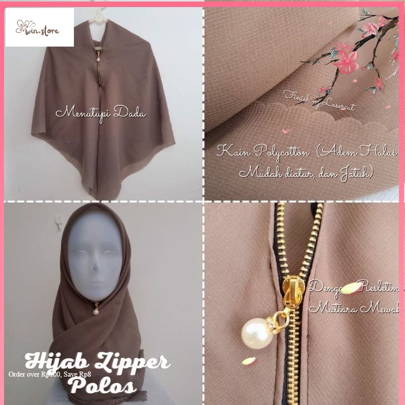 Hijab Terbaru / hijab zipper segiempat square instan pollycotton / krudung resleting polos segi empa