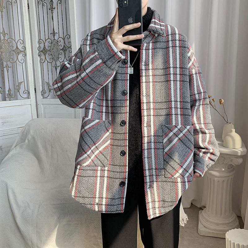 Men's autumn and winter Korean loose windbreaker ins plaid woolen coat jacket