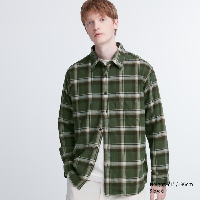 UNIQLO Kemeja Flannel Kotak Lengan Panjang 462404 Pria - 56 OLIVE