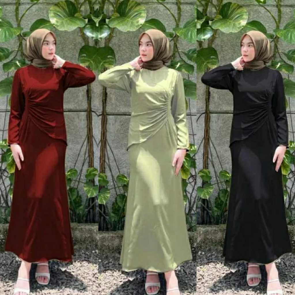 Natura Dress Satin Silk Premium Gamis Kondangan Serut Samping Terbaru - - Dress wanita- Dress kondan