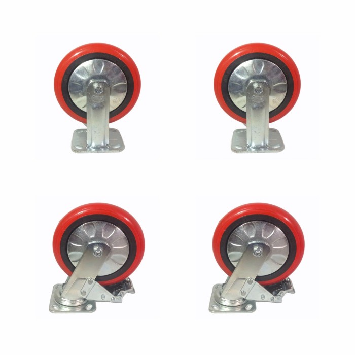 Roda Troli 8 Inch PU Heavy Duty Merk HOD 1 Set (2 Mati 2 Hidup Rem)