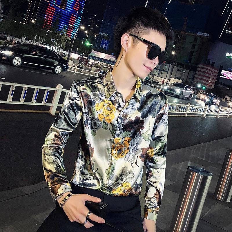 Long sleeved printed pointed collar large floral shirt shirt for men