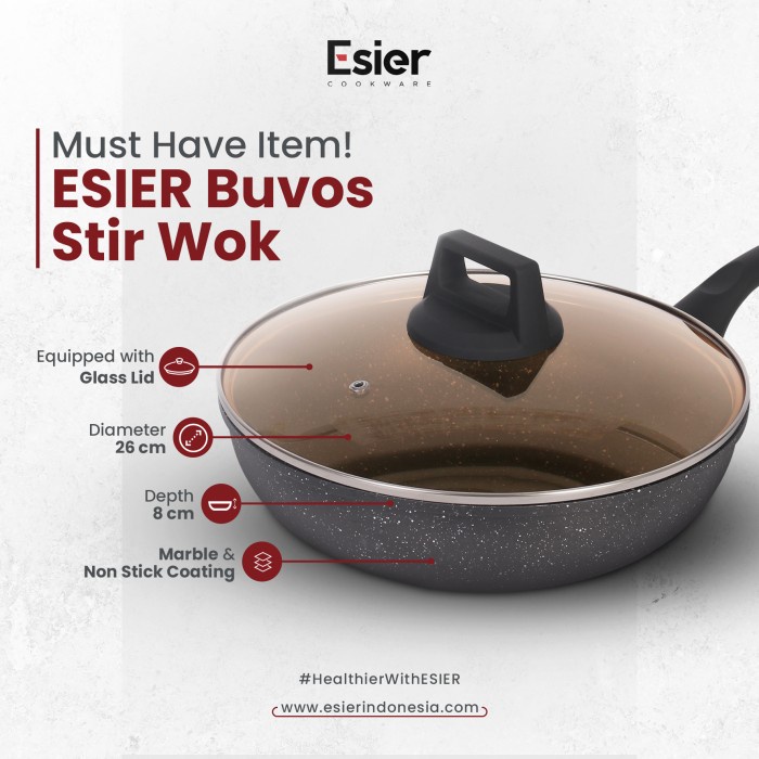 Esier Buvos Stir Wok Pan with Lid - Wajan Panci Marble 26cm