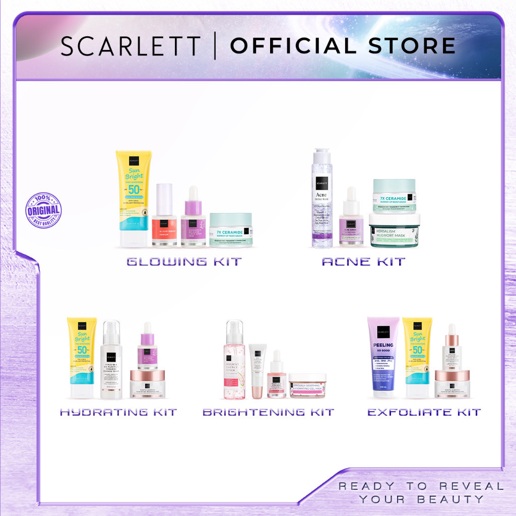 Scarlett Skincare Whitening 4Pcs Glowing Kit Acne Hydrating Brightening Exfoliate Toner Serum Set Ke