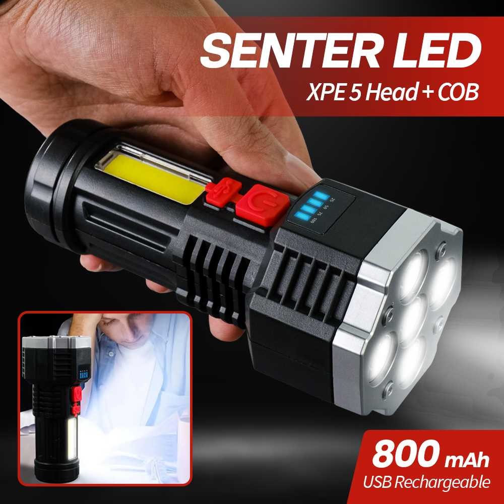 promo pelanggan Februari TANJE Senter LED USB Rechargeable Flashlight XPE 5 Head+COB 800mAh - L-29 S